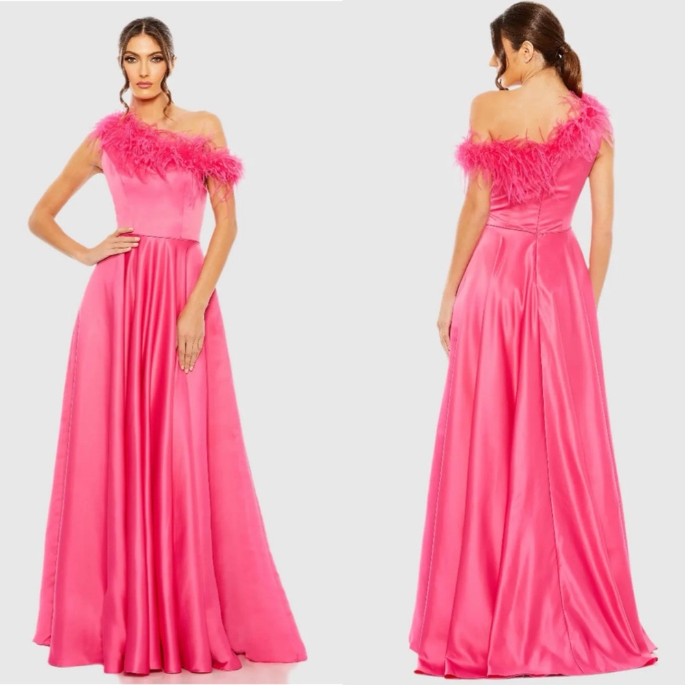 NWT MAC DUGGAL 14 Pink One Shoulder A Line Gown With Feather Detail